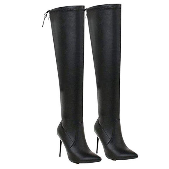 Shoes - Wholesale Trendy Black PU Thigh Stiletto High Boots | 4 Pairs Boutique Bundle